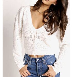 For Love & Lemons Blanca Crochet Sweater Size S White Cropped Knit Top